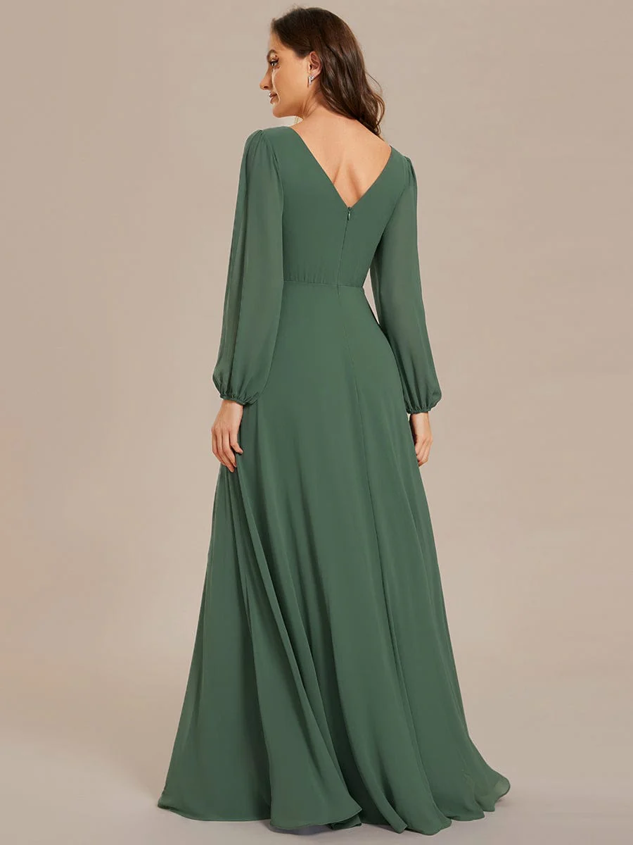 ever ESMÉE|Pleated Double V-Neck Long Sleeves Shiny Belt Chiffon Evening Dress - Image 86