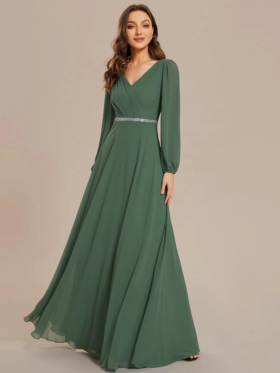 ever ESMÉE|Pleated Double V-Neck Long Sleeves Shiny Belt Chiffon Evening Dress - Image 87
