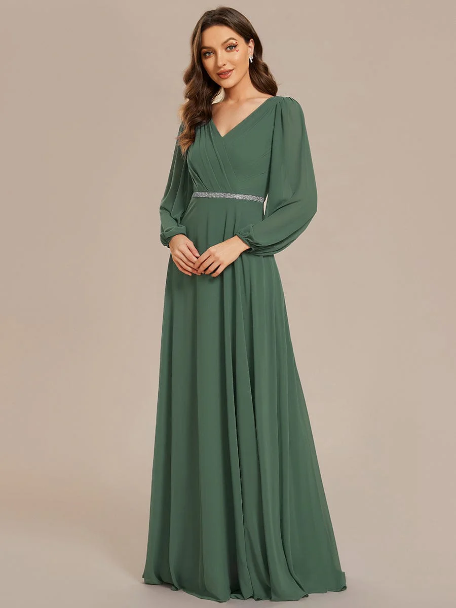 ever ESMÉE|Pleated Double V-Neck Long Sleeves Shiny Belt Chiffon Evening Dress - Image 88