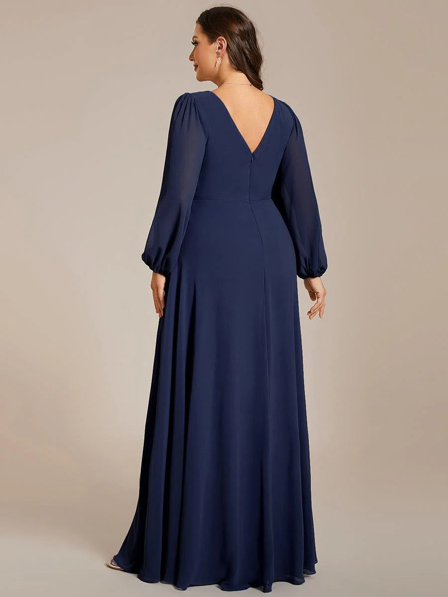ever ESMÉE|Pleated Double V-Neck Long Sleeves Shiny Belt Chiffon Evening Dress - Image 9