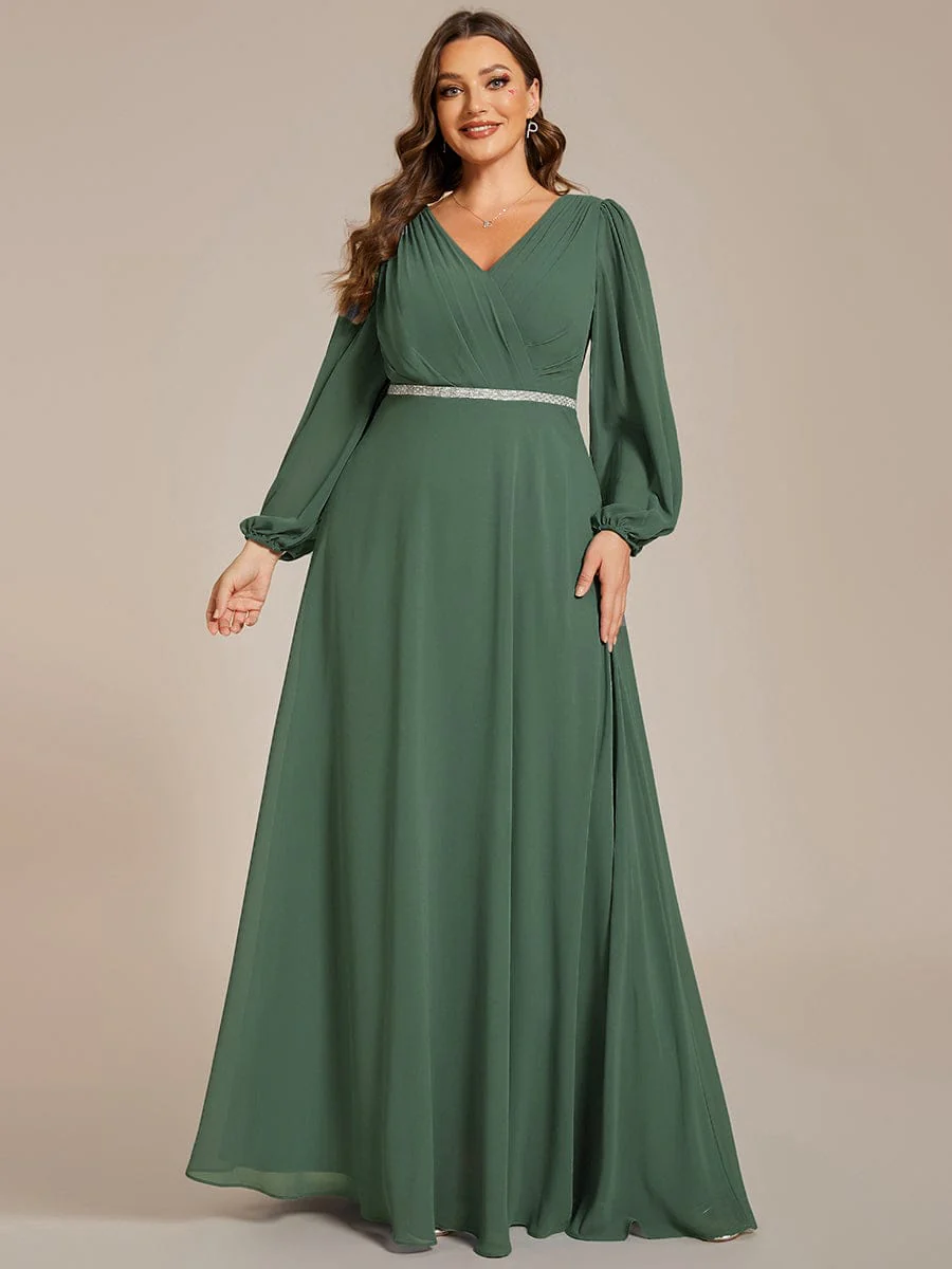 ever ESMÉE|Pleated Double V-Neck Long Sleeves Shiny Belt Chiffon Evening Dress - Image 90