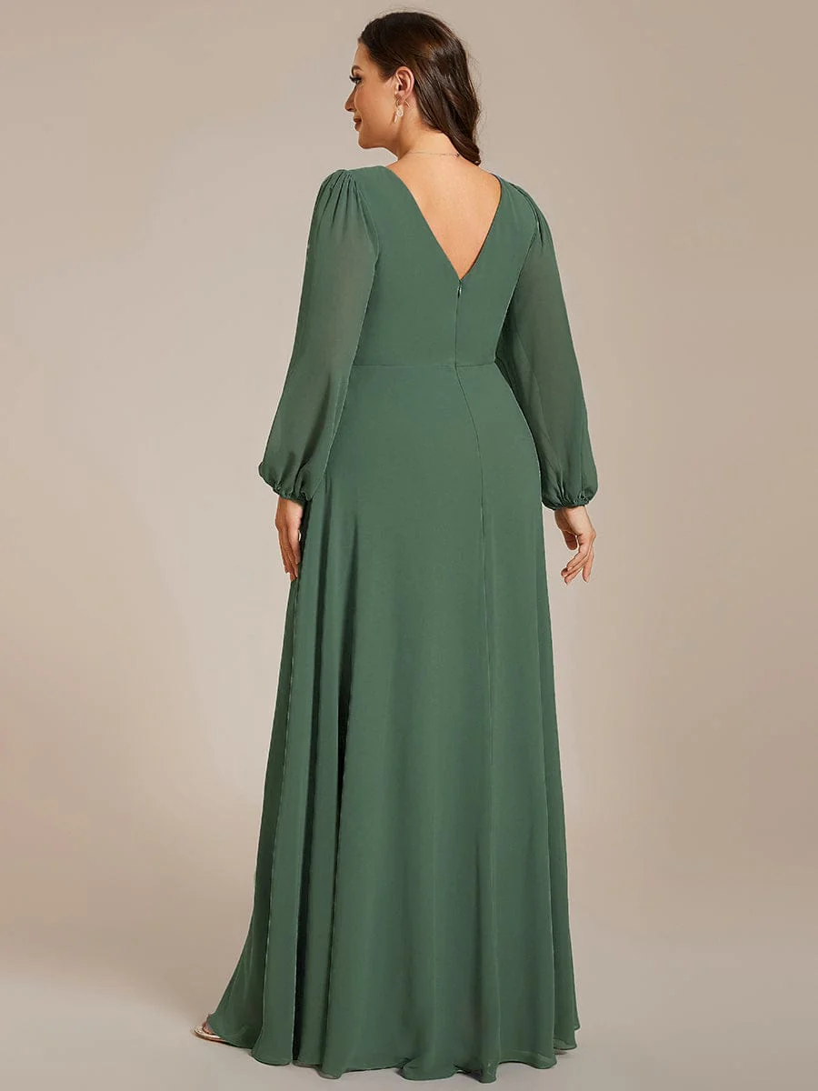 ever ESMÉE|Pleated Double V-Neck Long Sleeves Shiny Belt Chiffon Evening Dress - Image 91