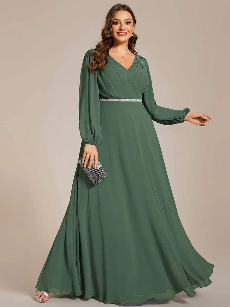 ever ESMÉE|Pleated Double V-Neck Long Sleeves Shiny Belt Chiffon Evening Dress - Image 92