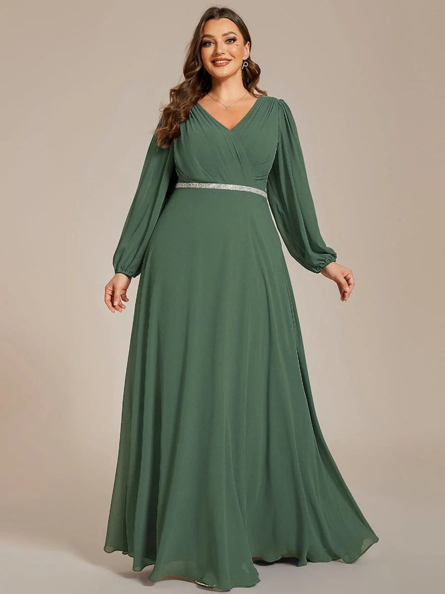 ever ESMÉE|Pleated Double V-Neck Long Sleeves Shiny Belt Chiffon Evening Dress - Image 93