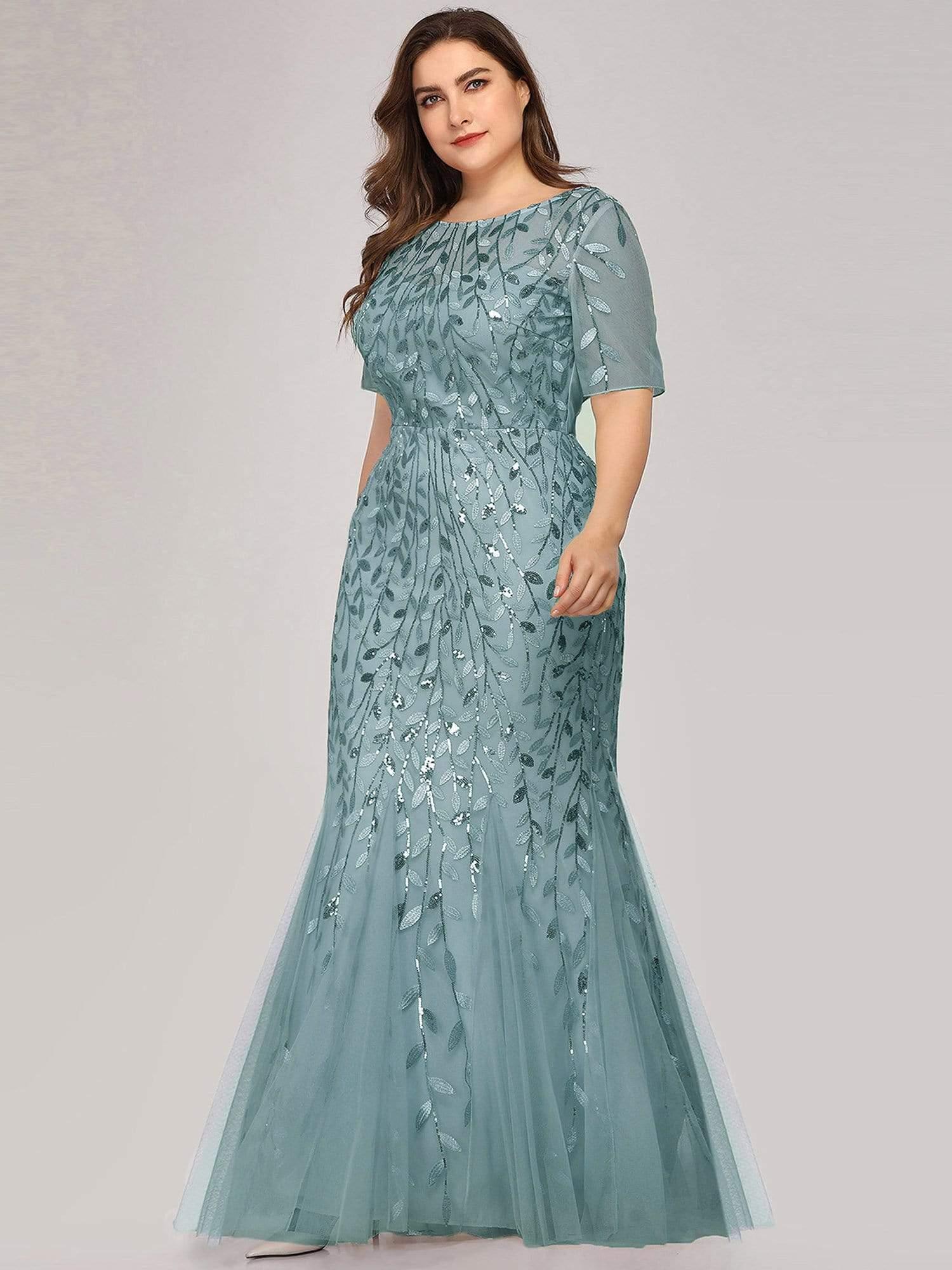 pretty JADEN|Plus Size Sequin Leaf Long Mermaid Tulle Prom Dress - Image 42