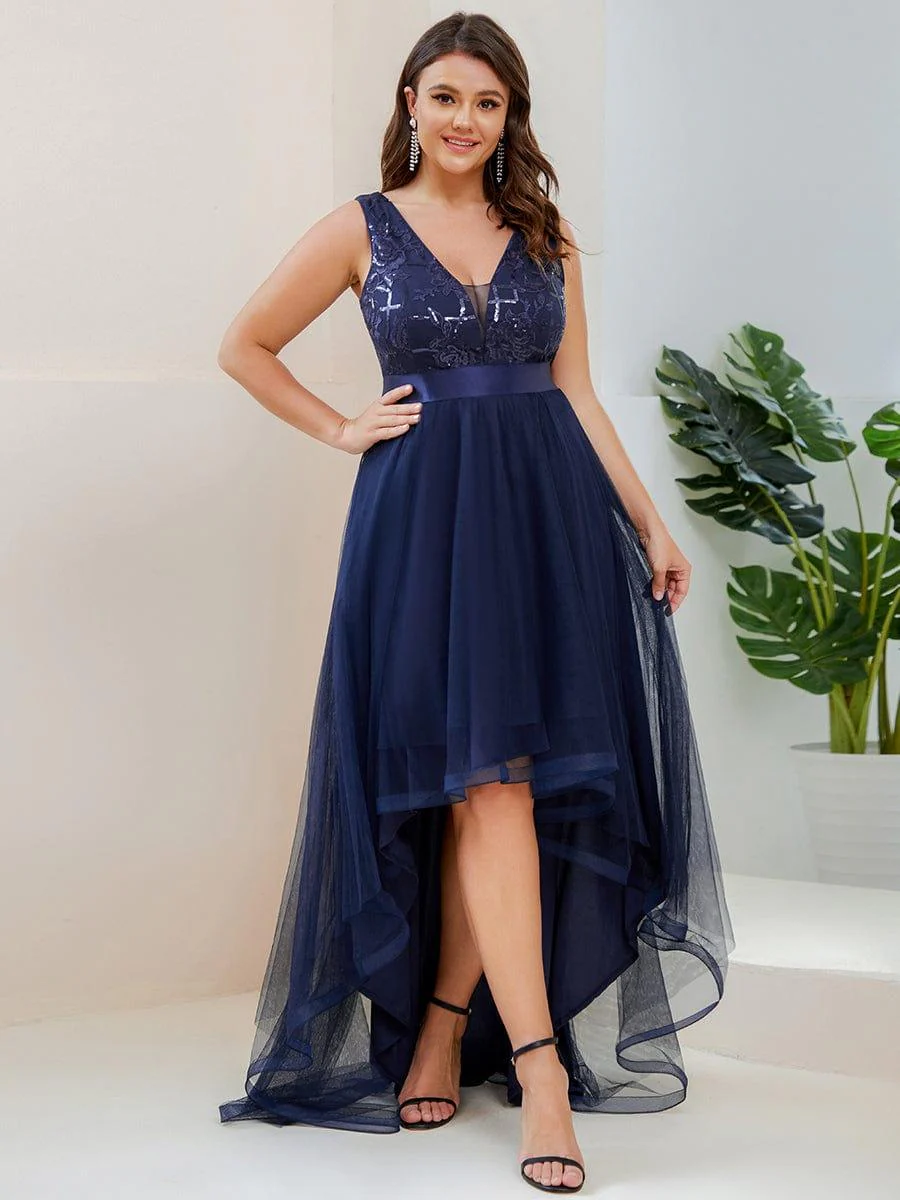 pretty SASHIA|Plus Size High-Low Deep V Neck Tulle Evening Dresses with Sequins - Image 20