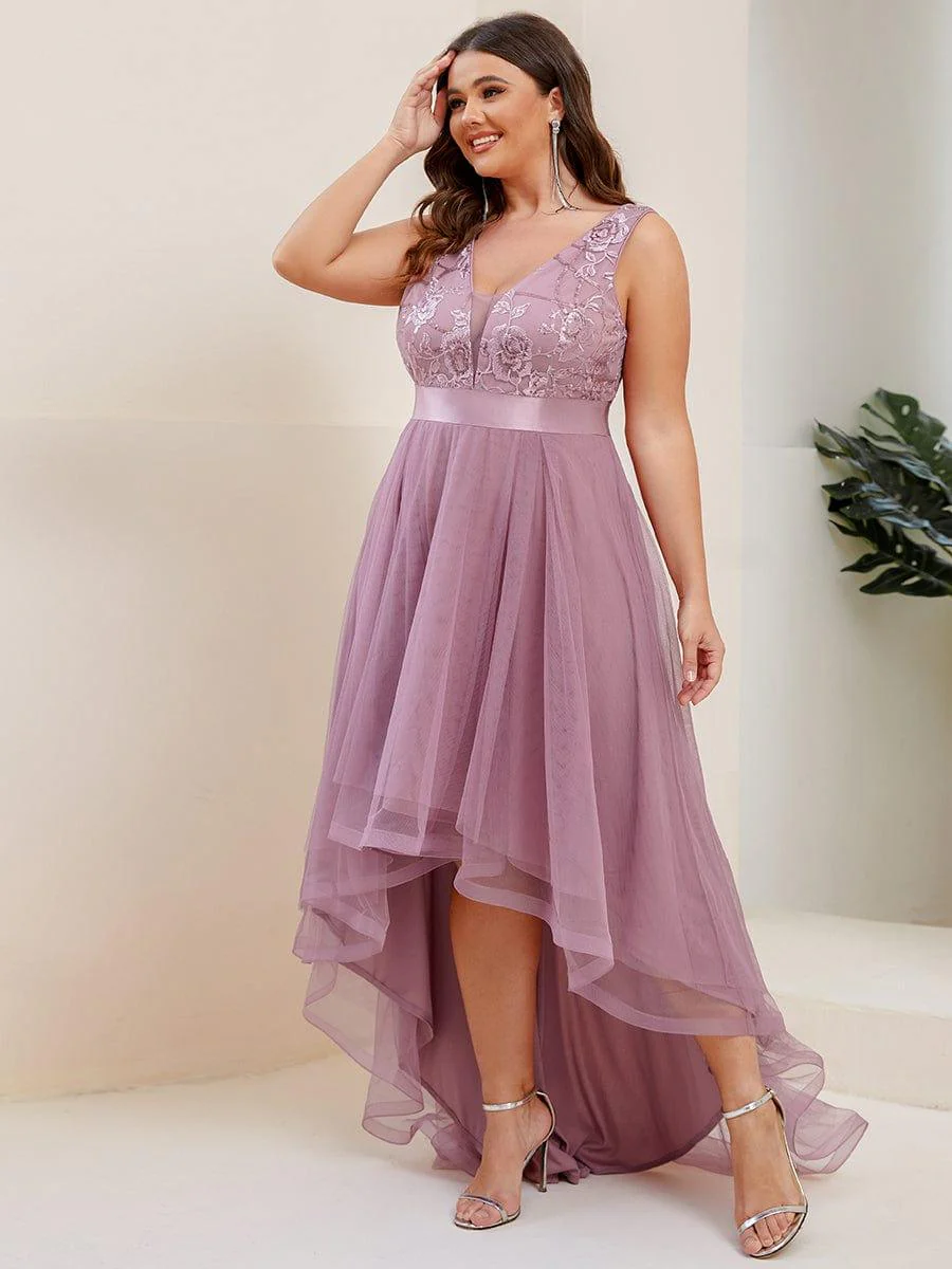 pretty SASHIA|Plus Size High-Low Deep V Neck Tulle Evening Dresses with Sequins - Image 27