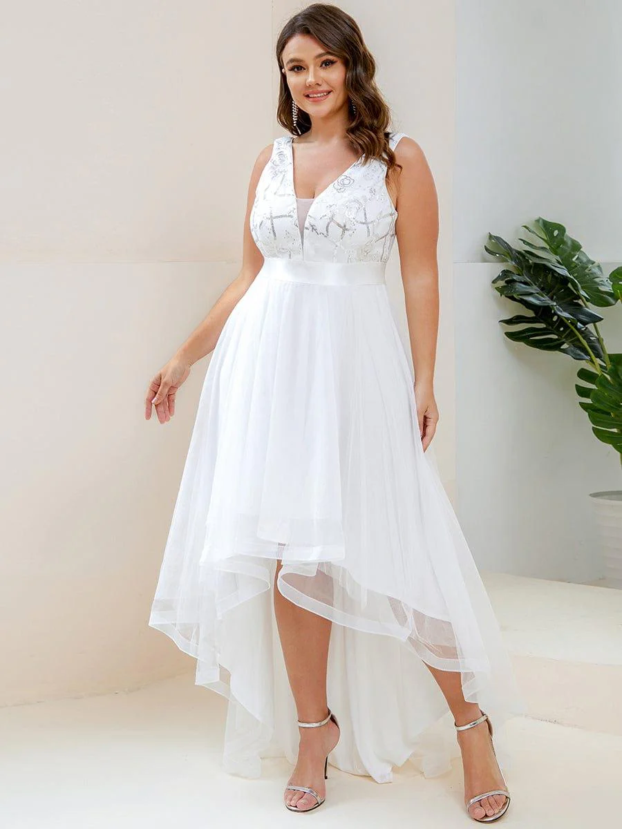 pretty SASHIA|Plus Size High-Low Deep V Neck Tulle Evening Dresses with Sequins - Image 3
