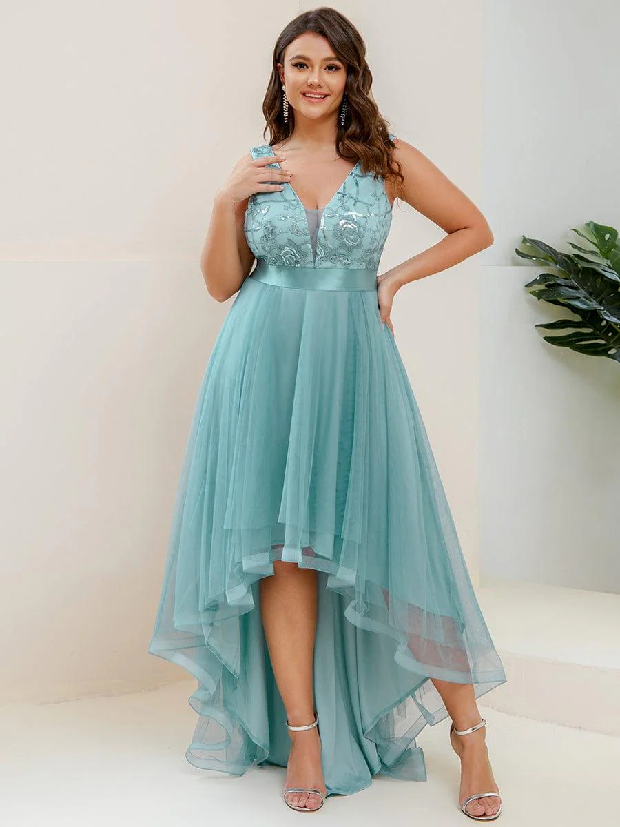 pretty SASHIA|Plus Size High-Low Deep V Neck Tulle Evening Dresses with Sequins - Image 8
