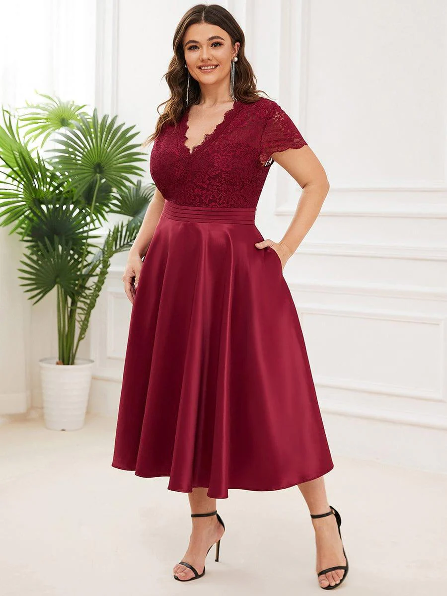 pretty HARLEY|Plus Size Lace Cap Sleeve V neck Midi Formal Dress - Image 13