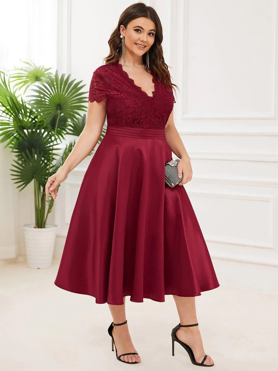 pretty HARLEY|Plus Size Lace Cap Sleeve V neck Midi Formal Dress - Image 15