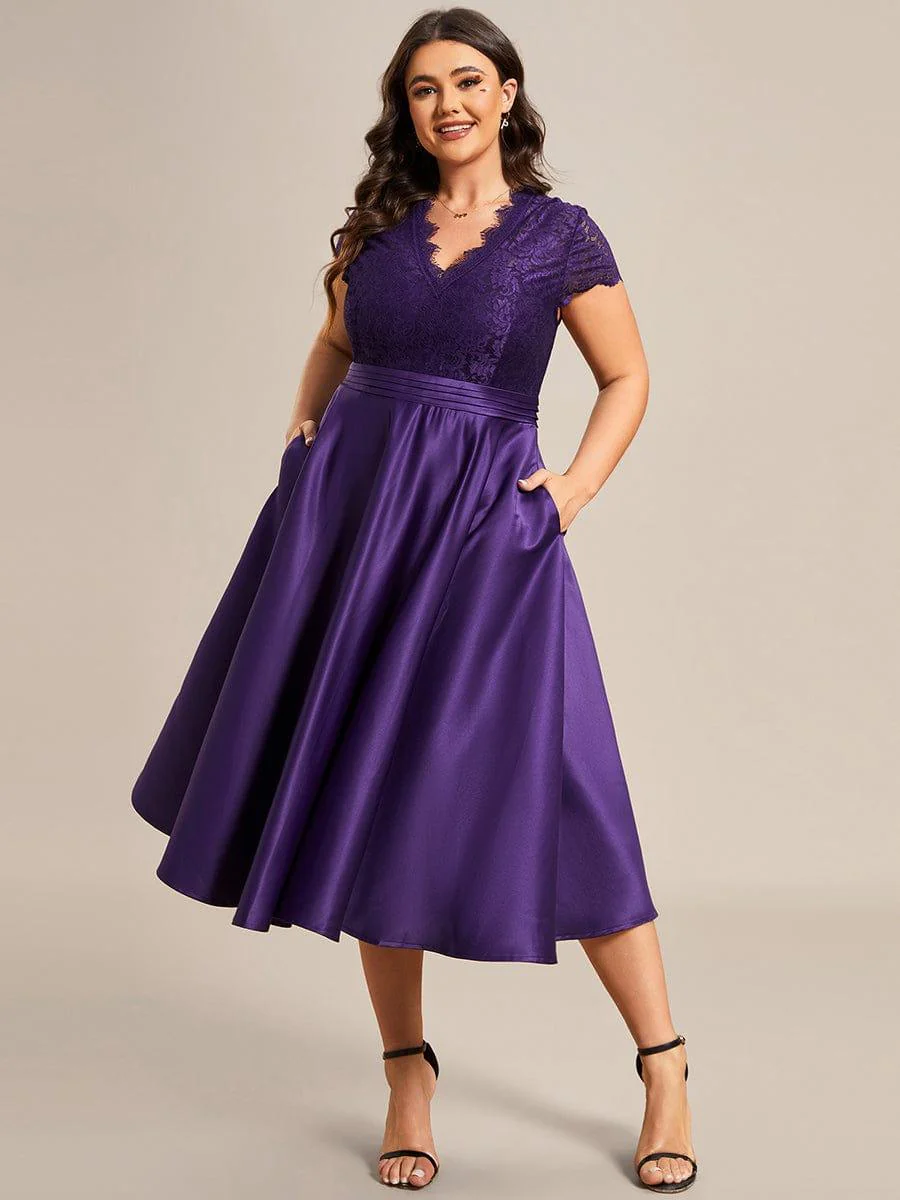 pretty HARLEY|Plus Size Lace Cap Sleeve V neck Midi Formal Dress - Image 16