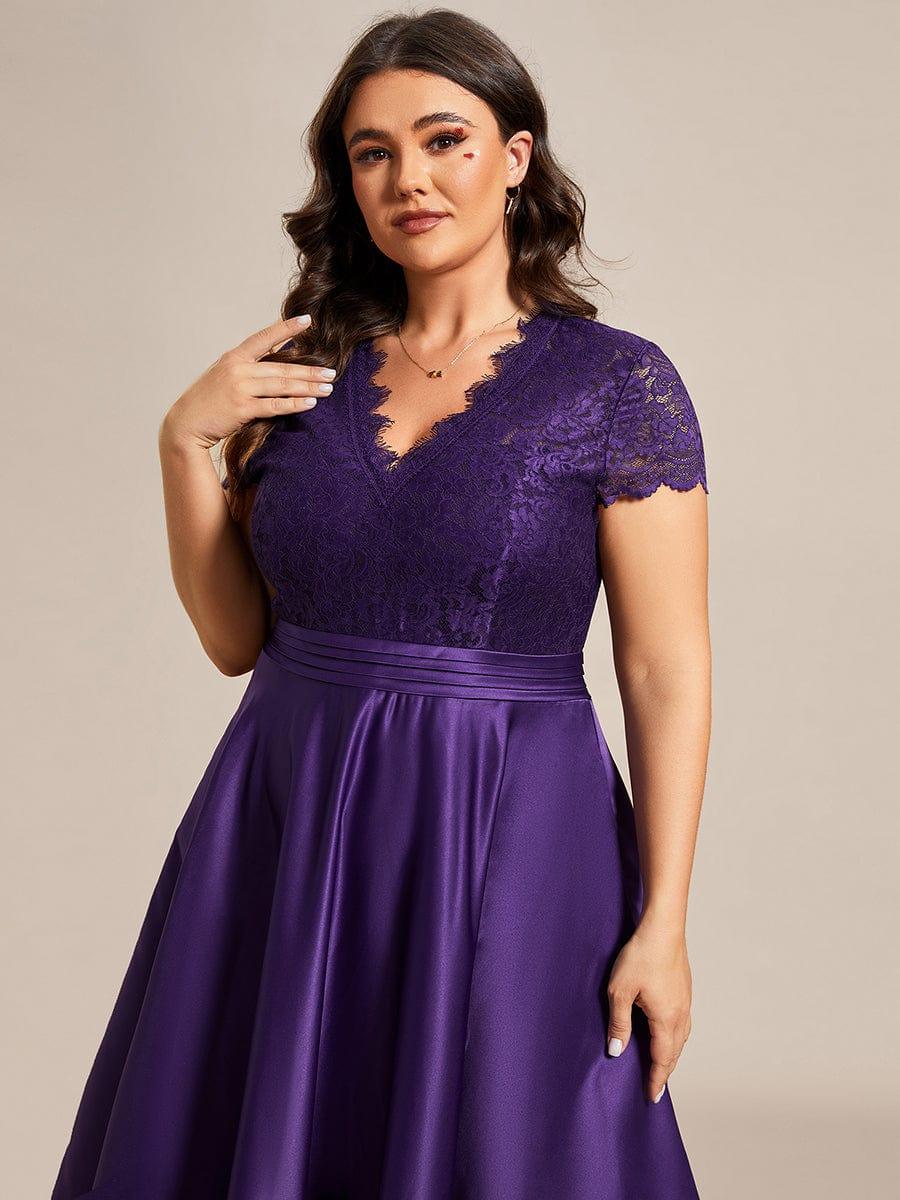 pretty HARLEY|Plus Size Lace Cap Sleeve V neck Midi Formal Dress - Image 18