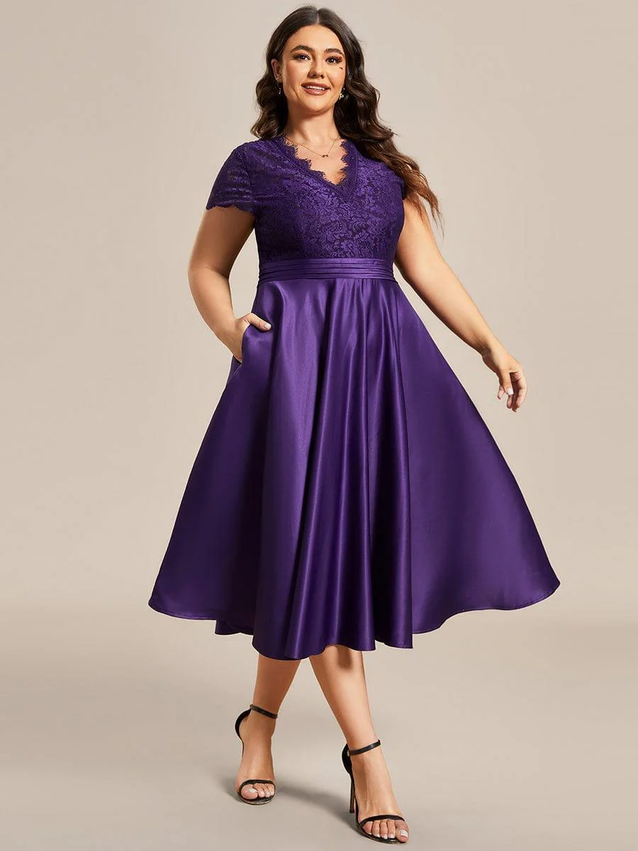 pretty HARLEY|Plus Size Lace Cap Sleeve V neck Midi Formal Dress - Image 19