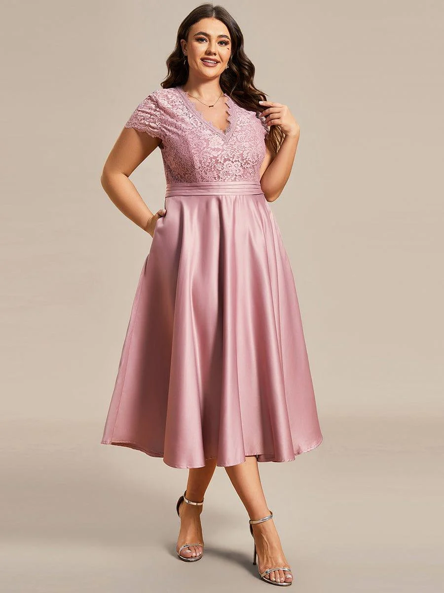 pretty HARLEY|Plus Size Lace Cap Sleeve V neck Midi Formal Dress - Image 20