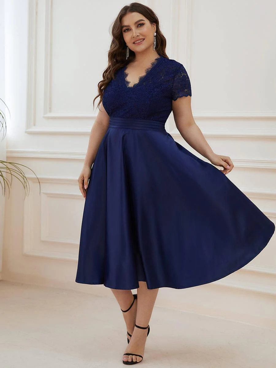 pretty HARLEY|Plus Size Lace Cap Sleeve V neck Midi Formal Dress - Image 8