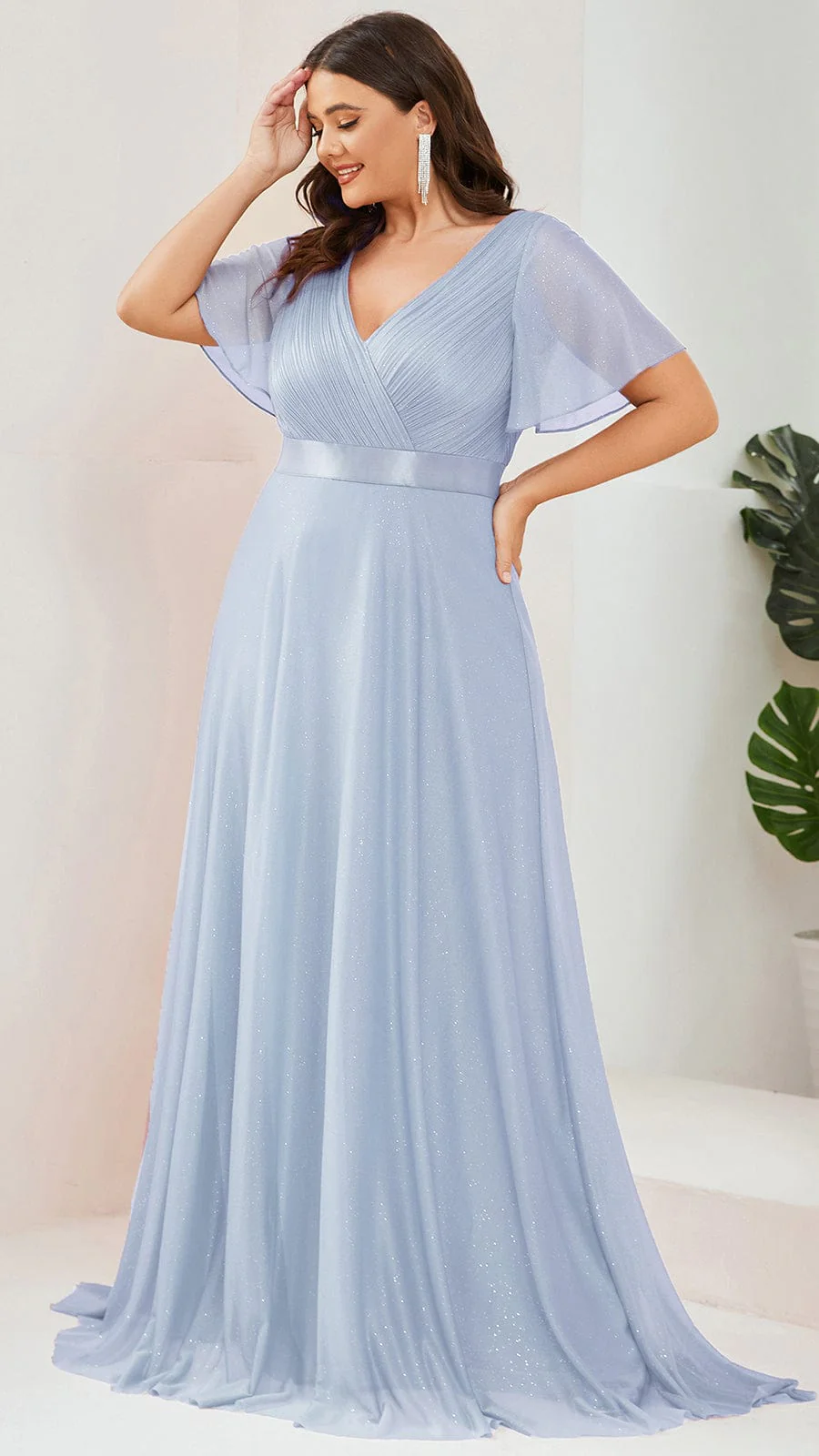 ever LIORÉ|Long Shimmery Flutter Sleeve Pleated V-Neck Evening Dress - Image 101