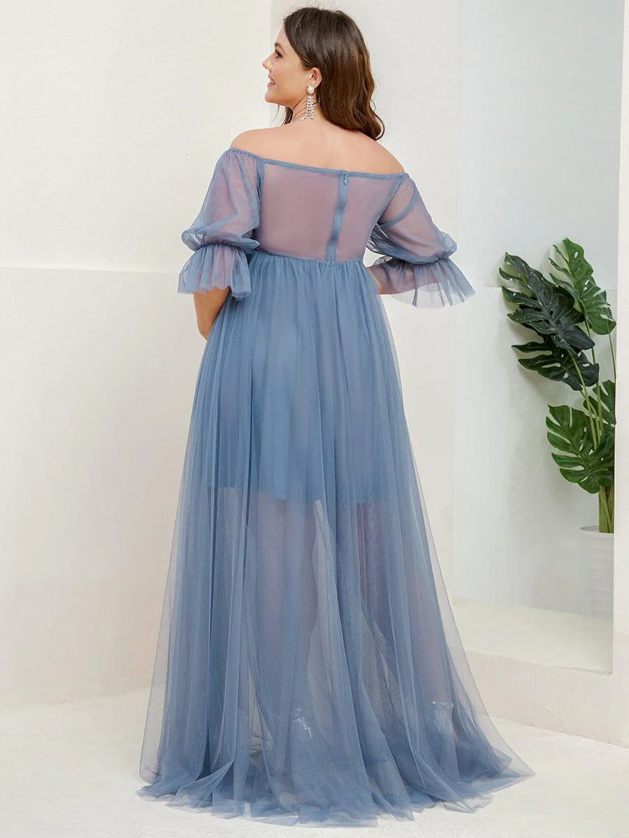 Plus Size Off the Shoulder Pleated Maxi Tulle Maternity Dress - Image 12