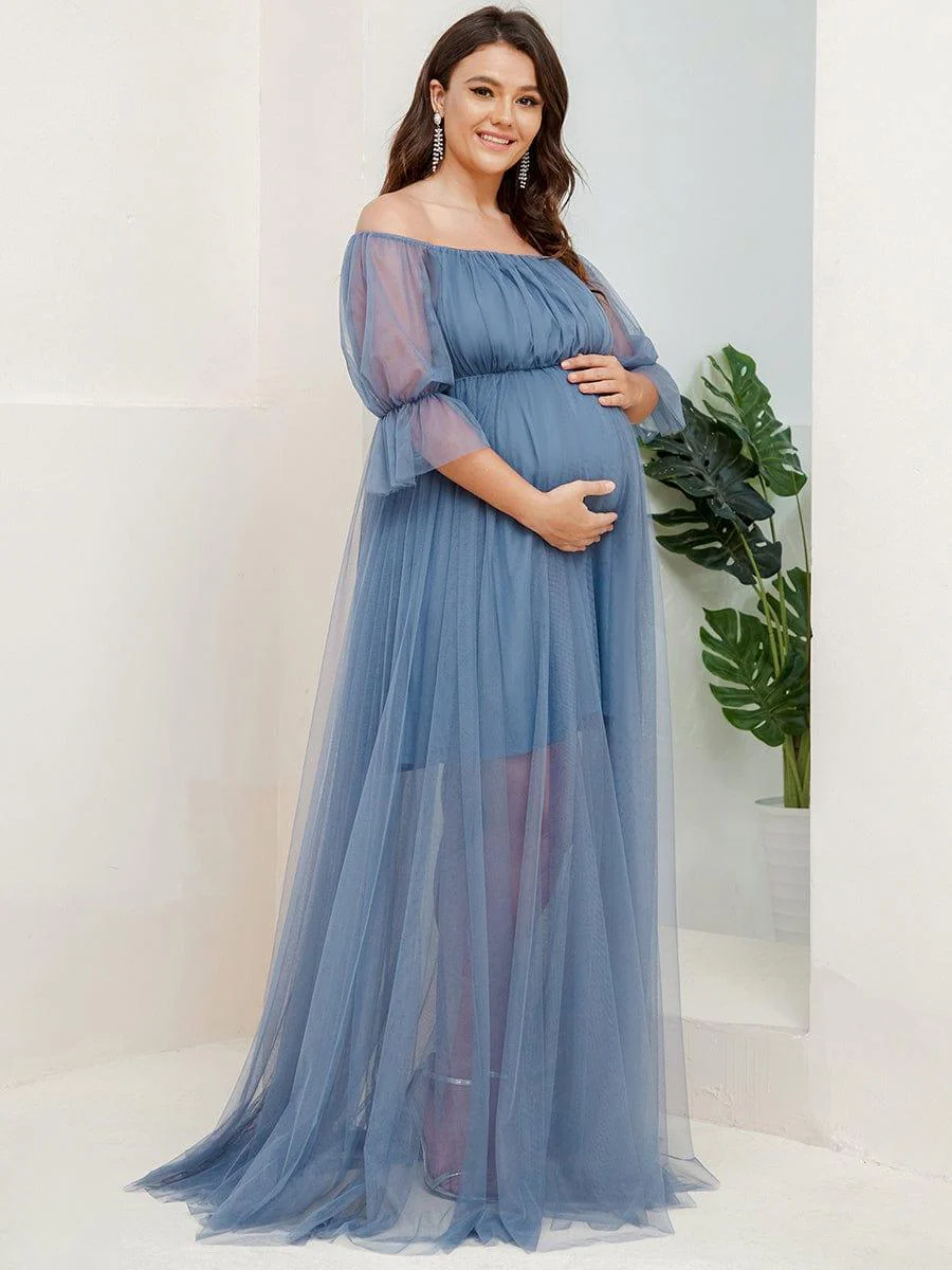 Plus Size Off the Shoulder Pleated Maxi Tulle Maternity Dress - Image 13