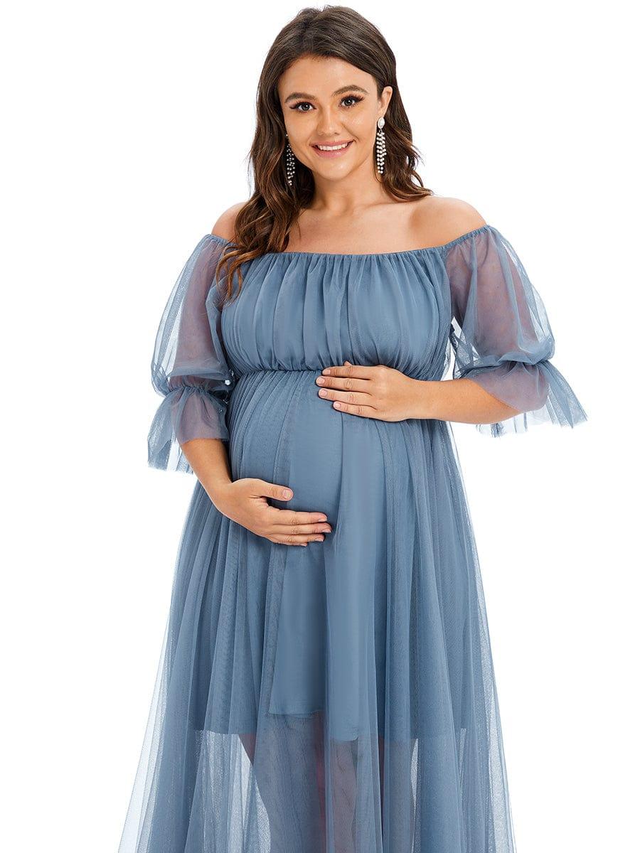Plus Size Off the Shoulder Pleated Maxi Tulle Maternity Dress - Image 14