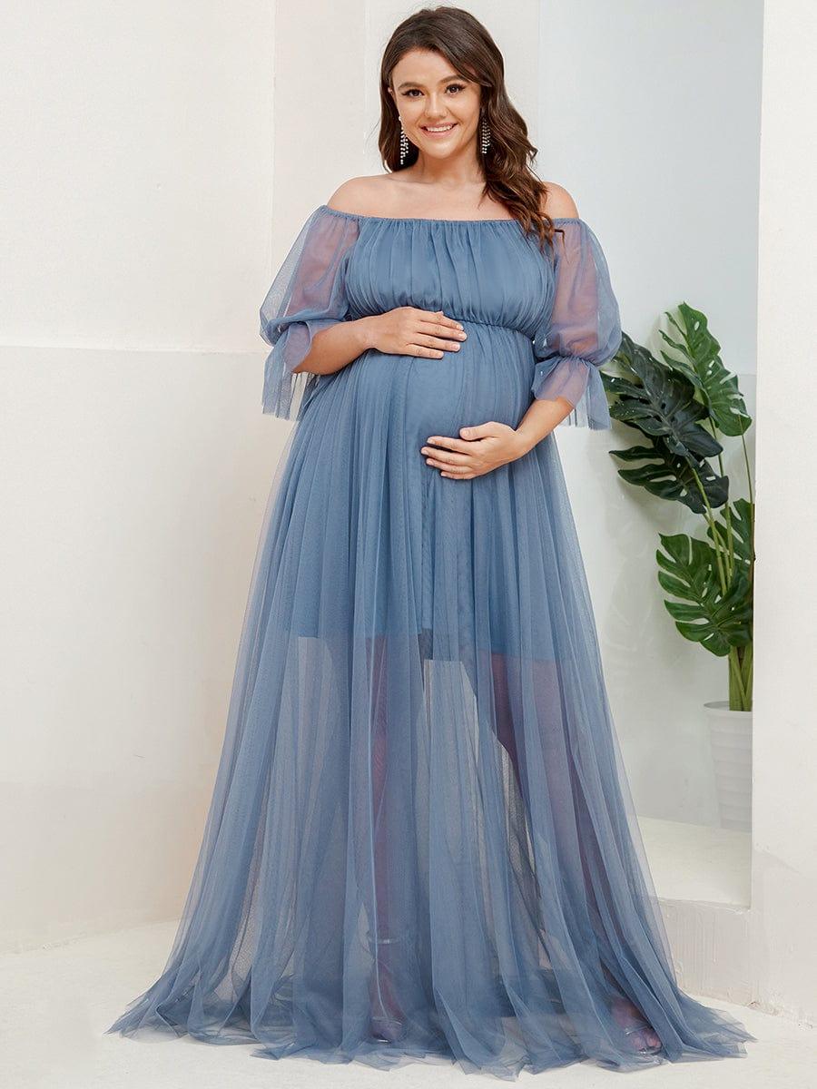 Plus Size Off the Shoulder Pleated Maxi Tulle Maternity Dress - Image 15