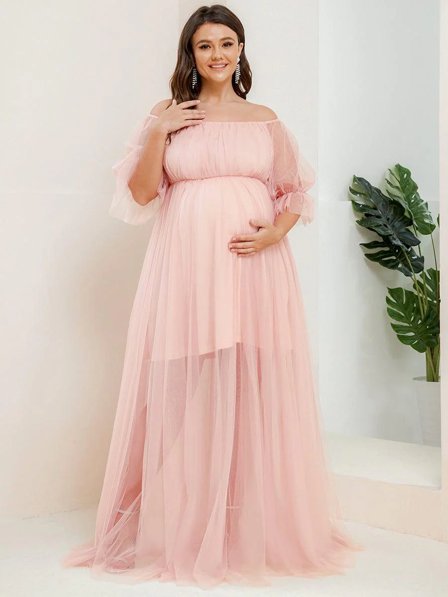 Plus Size Off the Shoulder Pleated Maxi Tulle Maternity Dress - Image 16