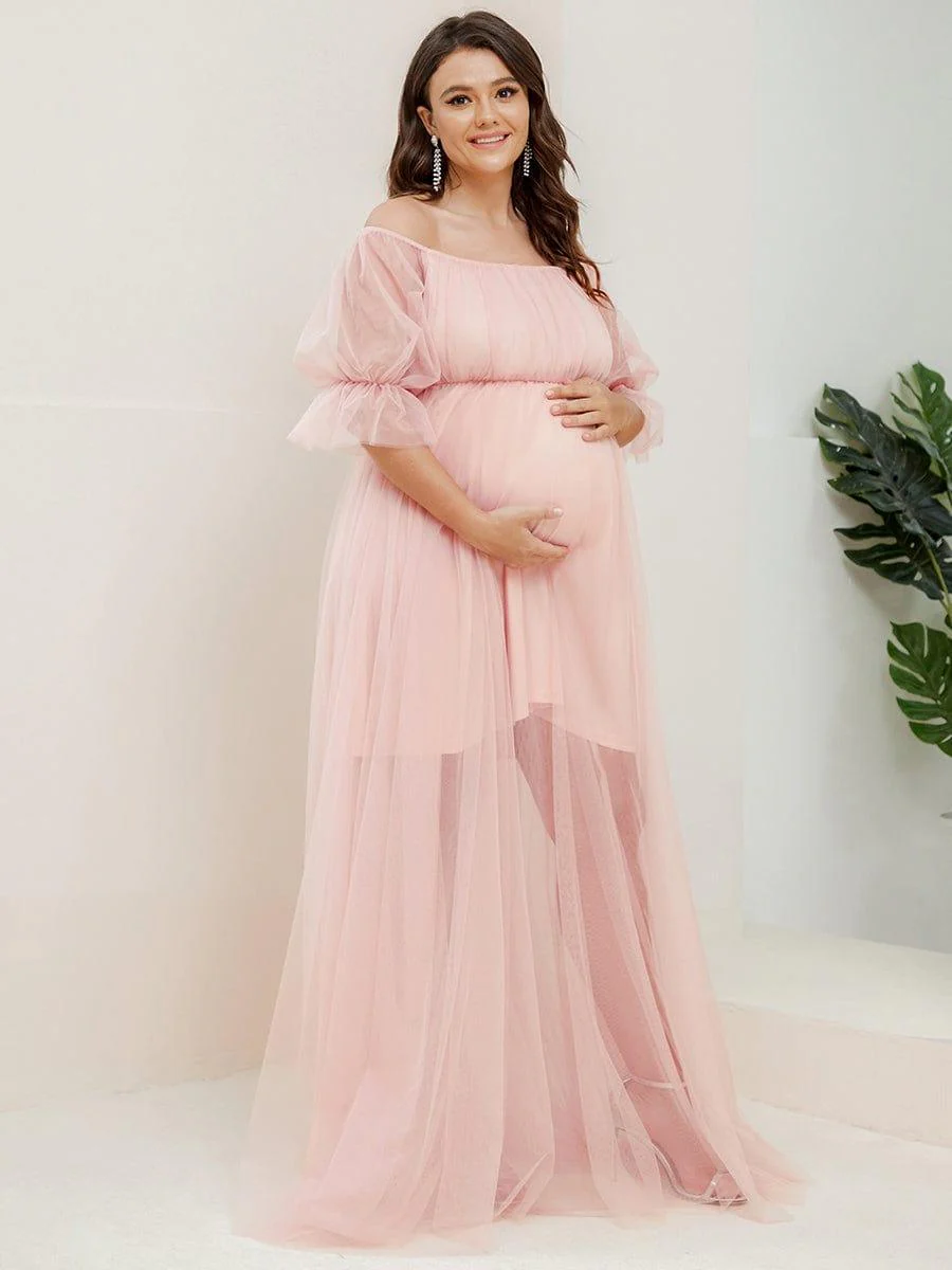Plus Size Off the Shoulder Pleated Maxi Tulle Maternity Dress - Image 18