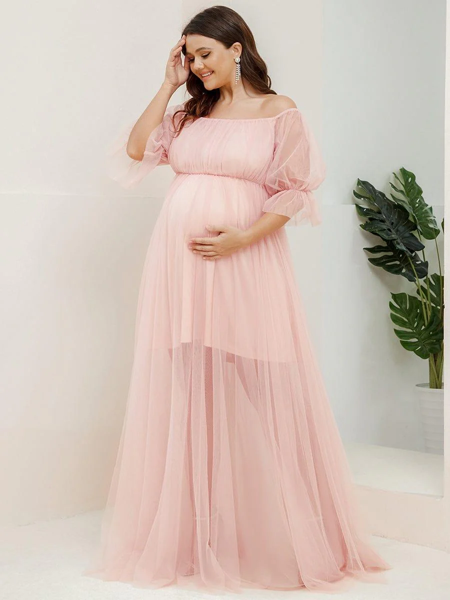 Plus Size Off the Shoulder Pleated Maxi Tulle Maternity Dress - Image 20