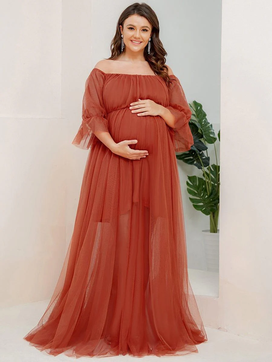 Plus Size Off the Shoulder Pleated Maxi Tulle Maternity Dress - Image 5