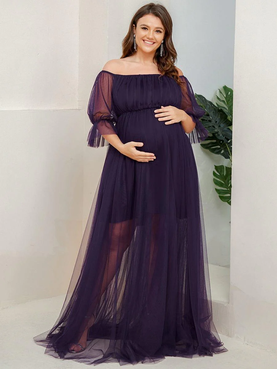 Plus Size Off the Shoulder Pleated Maxi Tulle Maternity Dress - Image 6