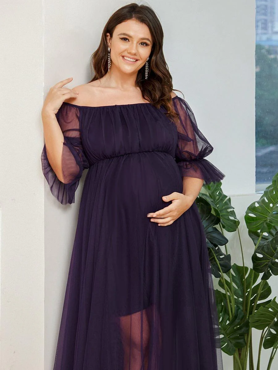 Plus Size Off the Shoulder Pleated Maxi Tulle Maternity Dress - Image 9