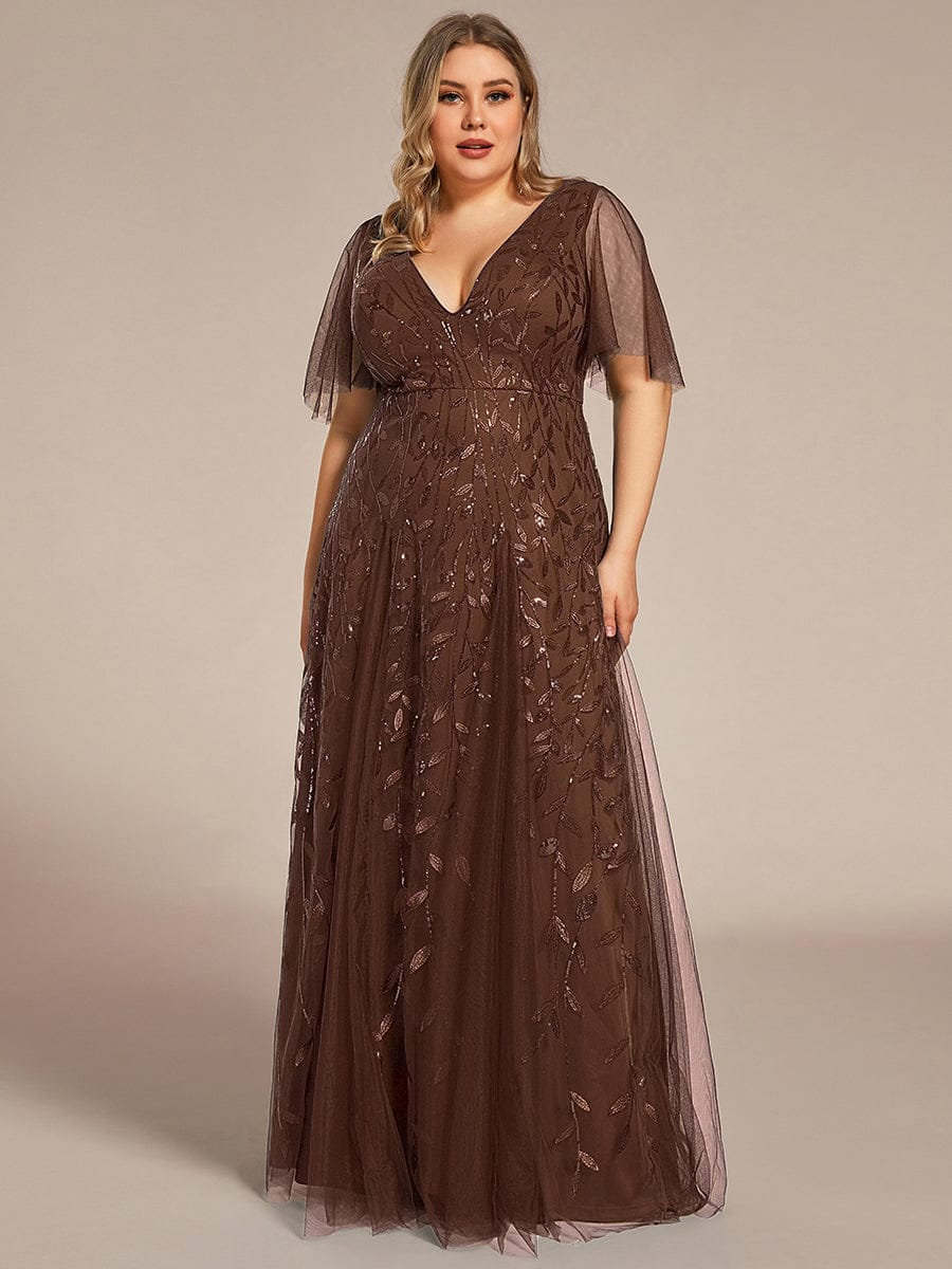 pretty ASTRAL|Plus Size Romantic Shimmery V Neck Ruffle Sleeves Evening Gown - Image 101