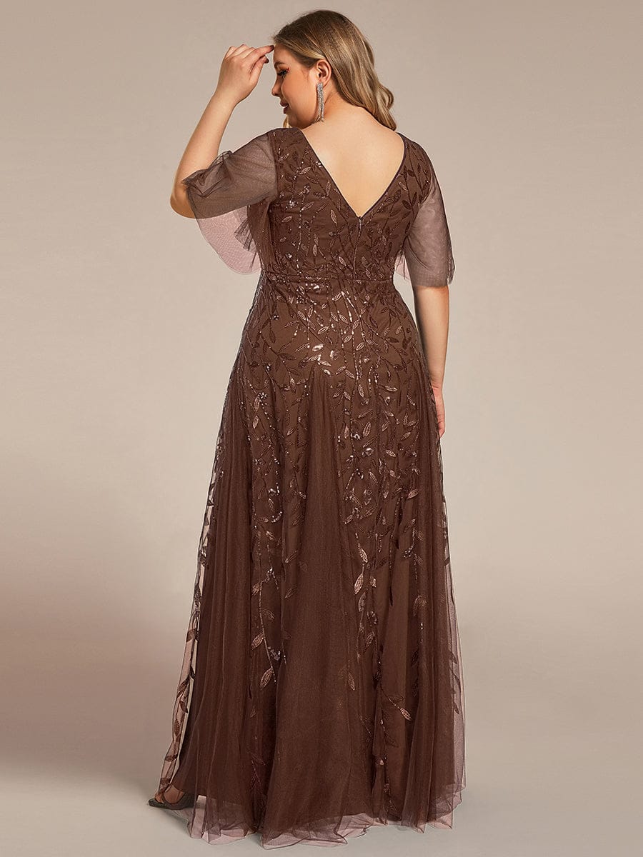 pretty ASTRAL|Plus Size Romantic Shimmery V Neck Ruffle Sleeves Evening Gown - Image 102