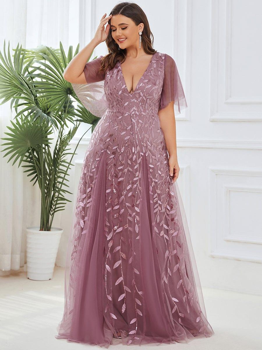 pretty ASTRAL|Plus Size Romantic Shimmery V Neck Ruffle Sleeves Evening Gown - Image 13