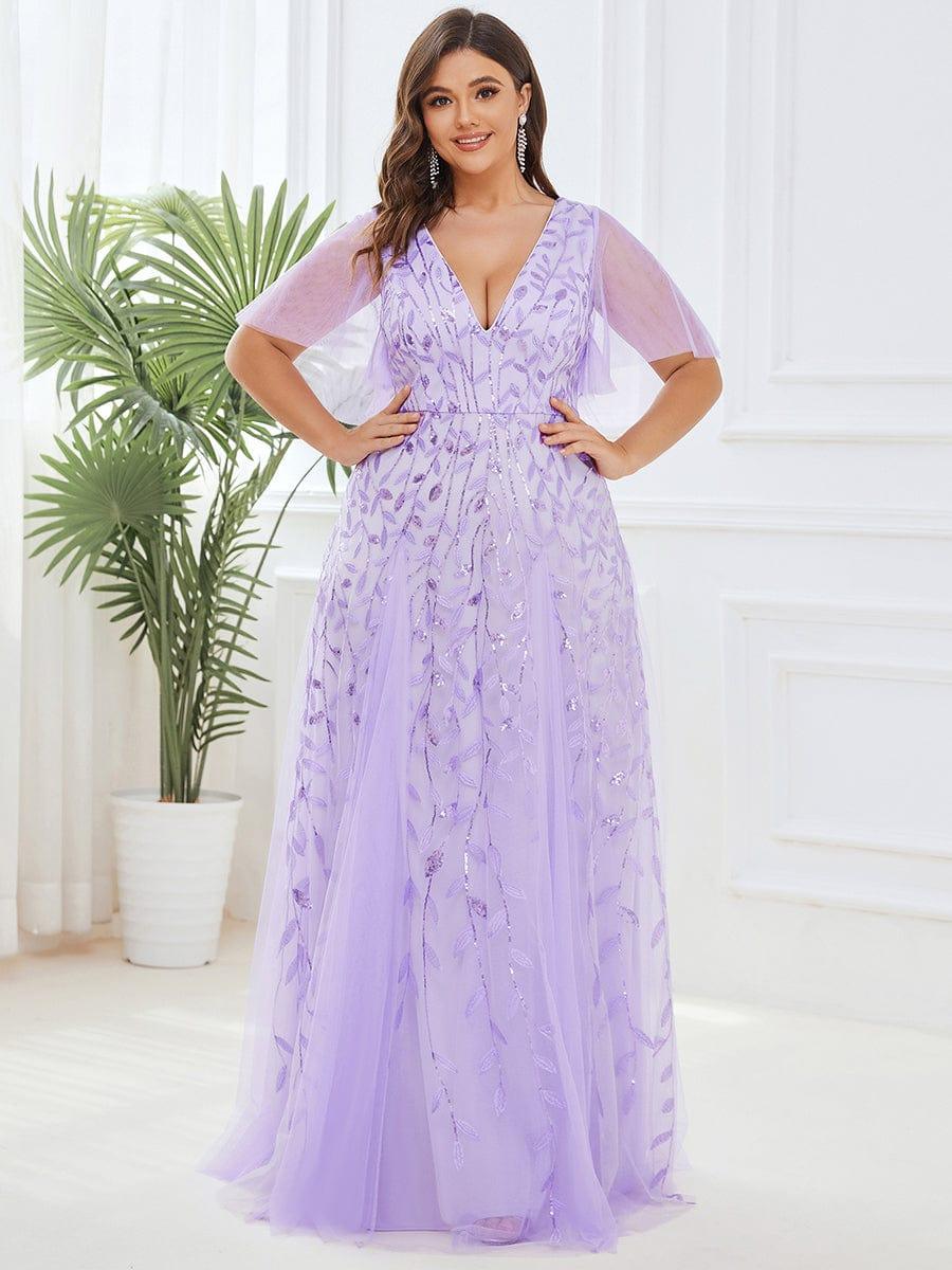 pretty ASTRAL|Plus Size Romantic Shimmery V Neck Ruffle Sleeves Evening Gown - Image 23