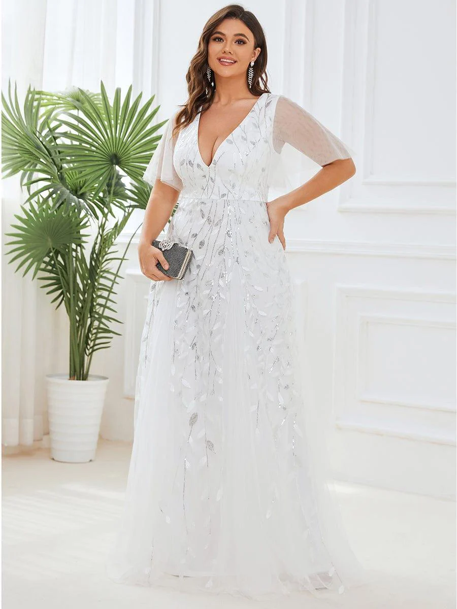 pretty ASTRAL|Plus Size Romantic Shimmery V Neck Ruffle Sleeves Evening Gown - Image 26