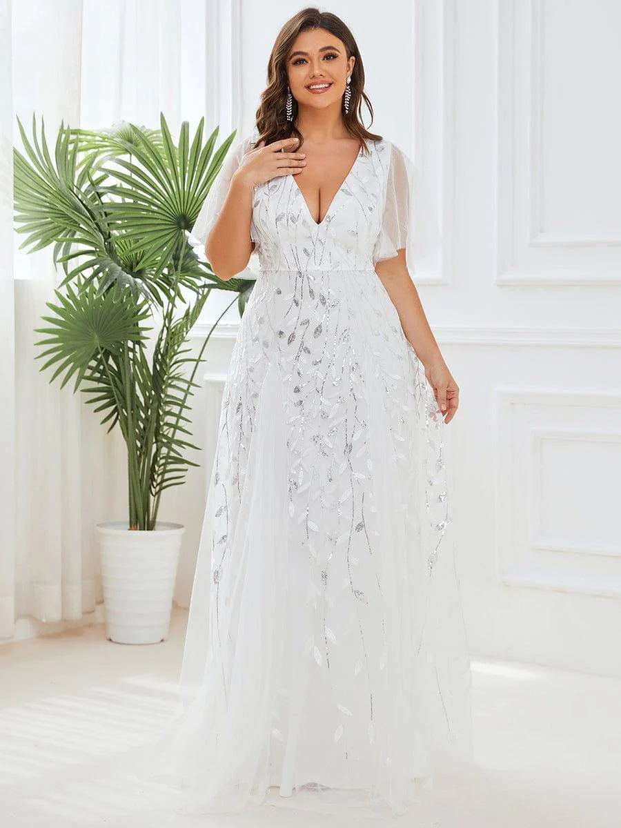 pretty ASTRAL|Plus Size Romantic Shimmery V Neck Ruffle Sleeves Evening Gown - Image 27