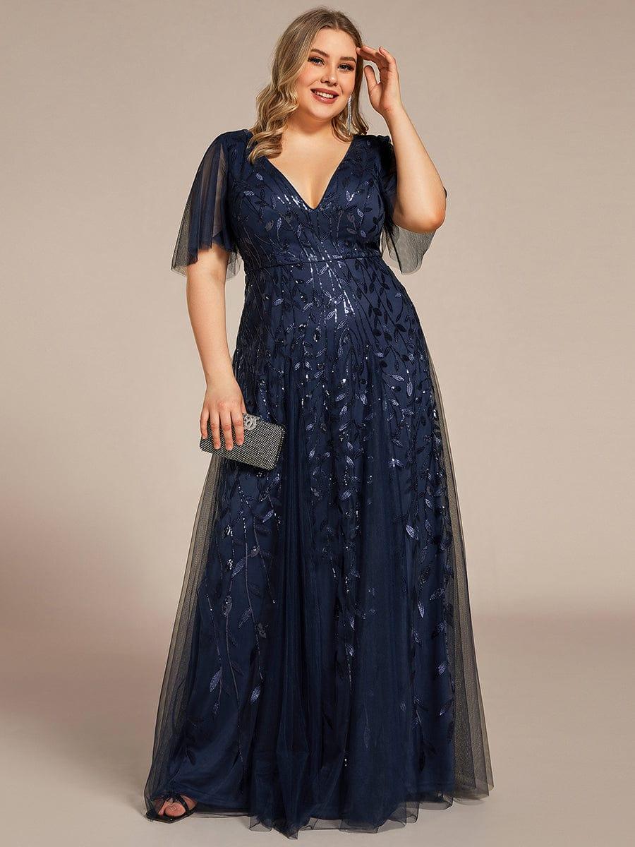 pretty ASTRAL|Plus Size Romantic Shimmery V Neck Ruffle Sleeves Evening Gown - Image 3