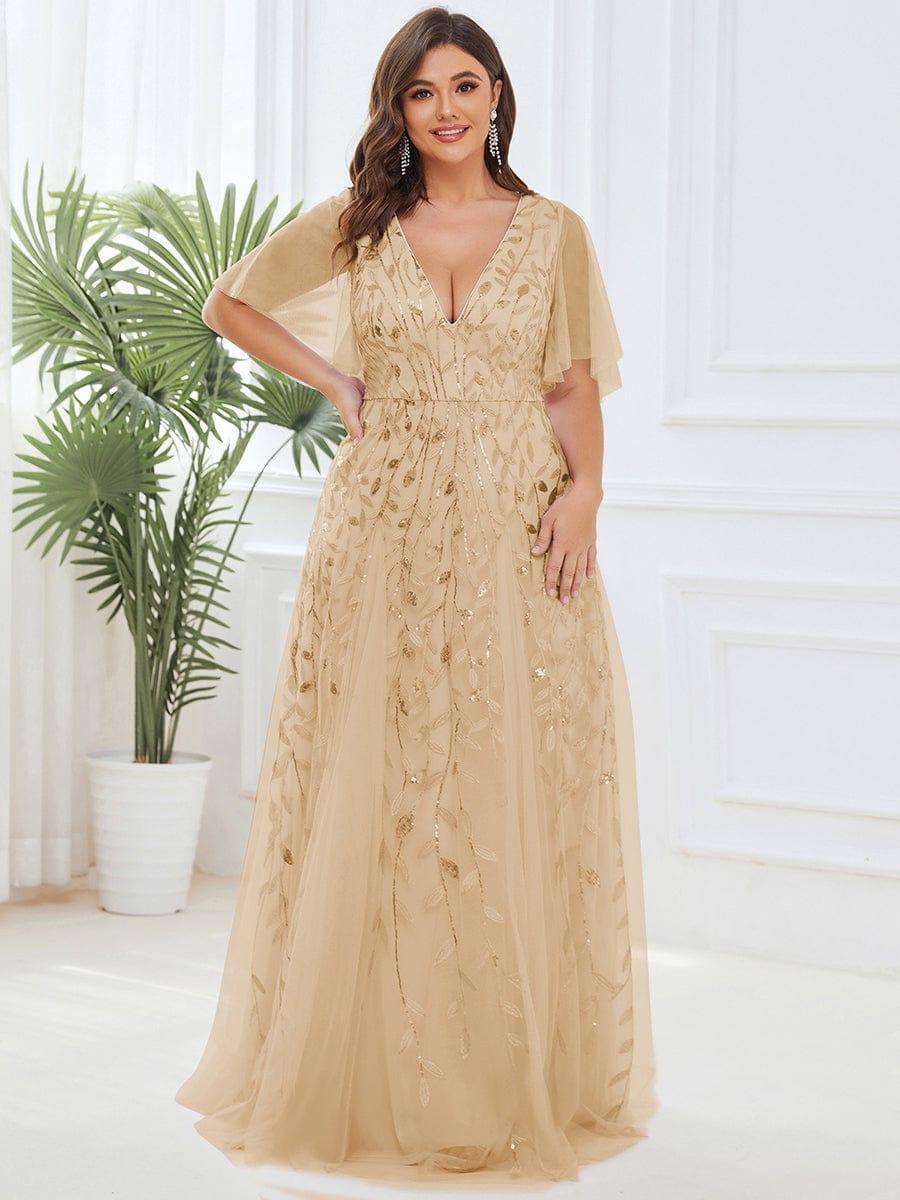 pretty ASTRAL|Plus Size Romantic Shimmery V Neck Ruffle Sleeves Evening Gown - Image 41