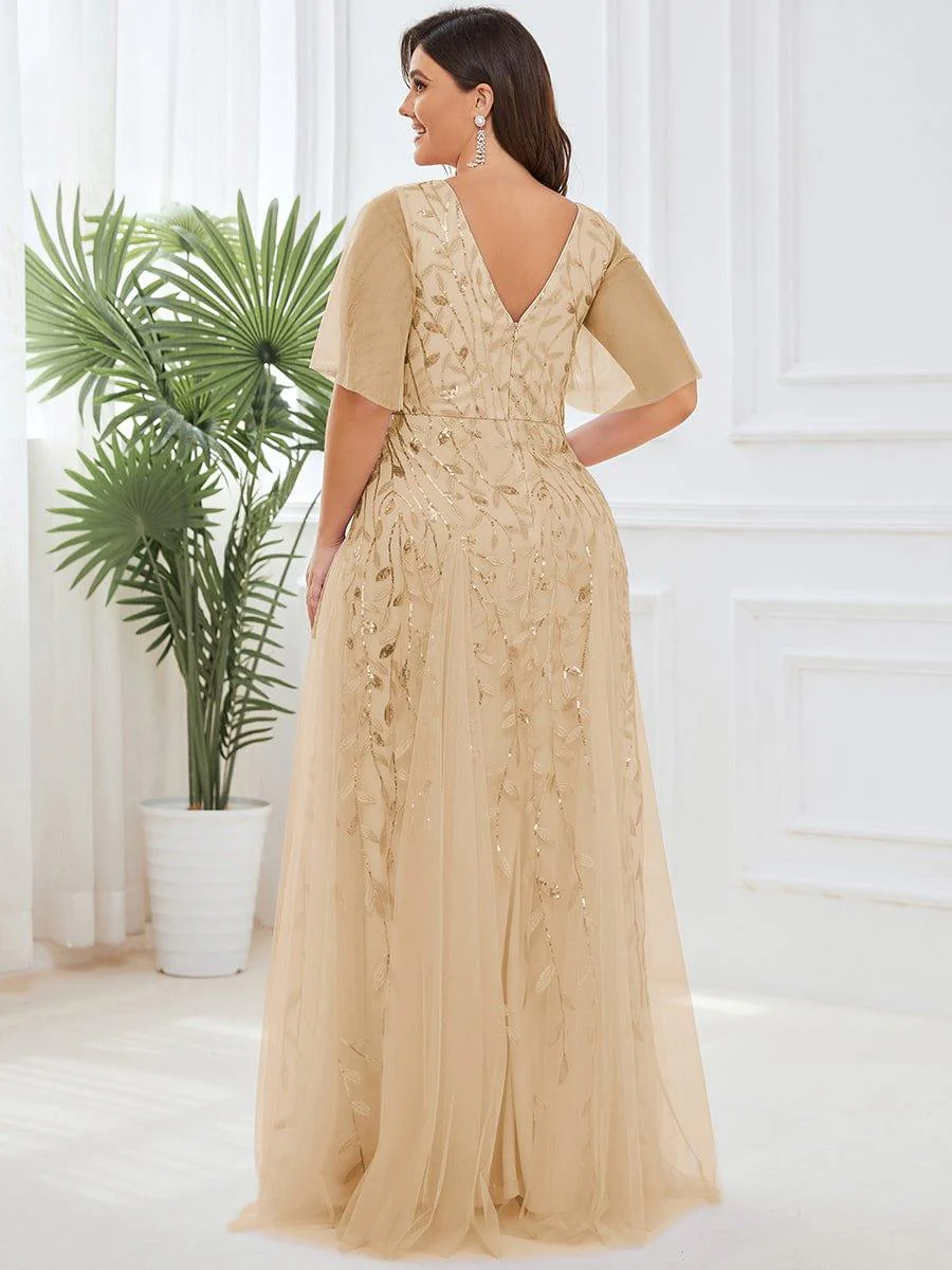 pretty ASTRAL|Plus Size Romantic Shimmery V Neck Ruffle Sleeves Evening Gown - Image 42