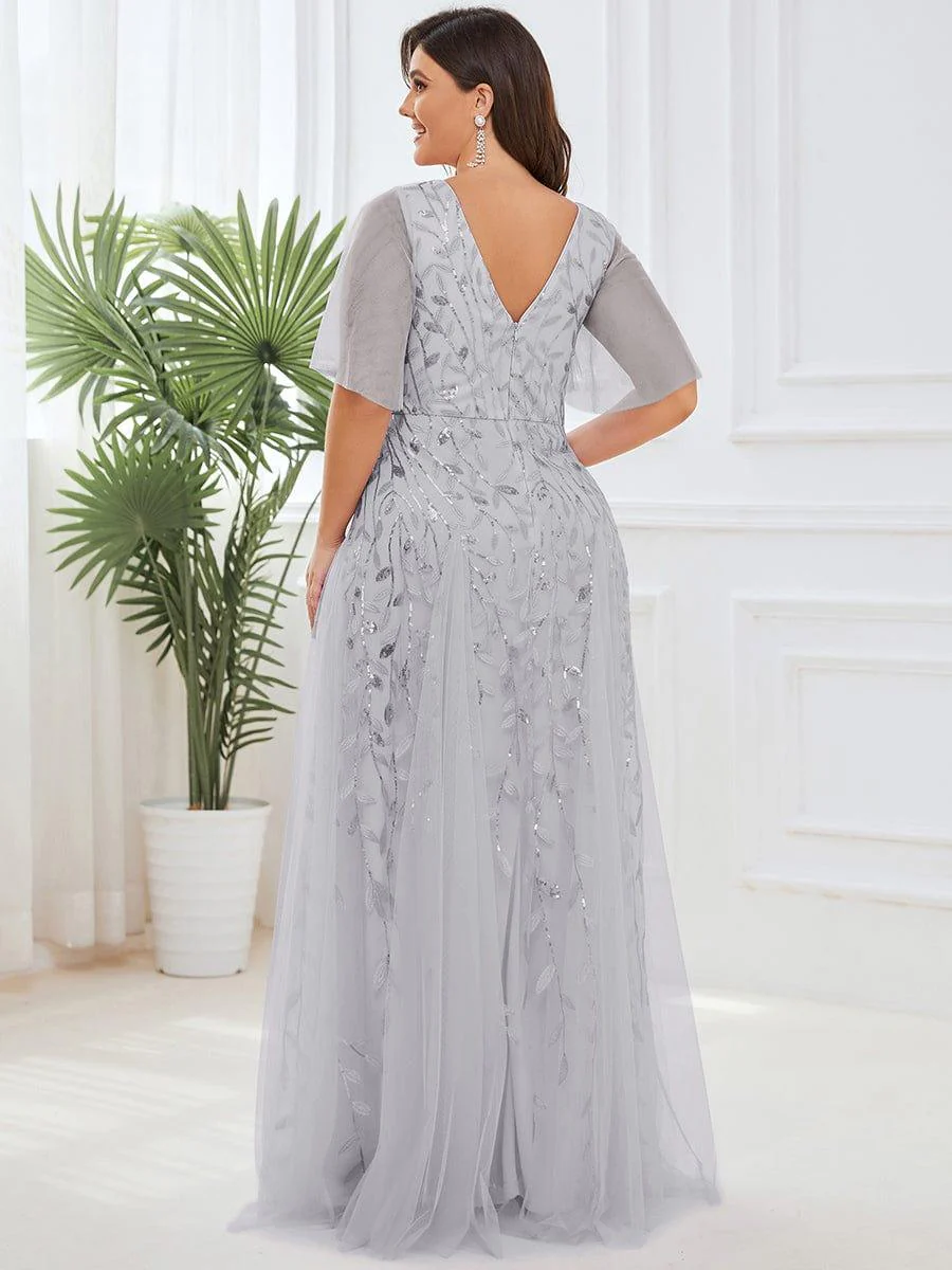 pretty ASTRAL|Plus Size Romantic Shimmery V Neck Ruffle Sleeves Evening Gown - Image 47