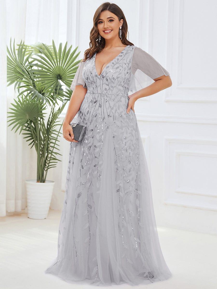 pretty ASTRAL|Plus Size Romantic Shimmery V Neck Ruffle Sleeves Evening Gown - Image 49