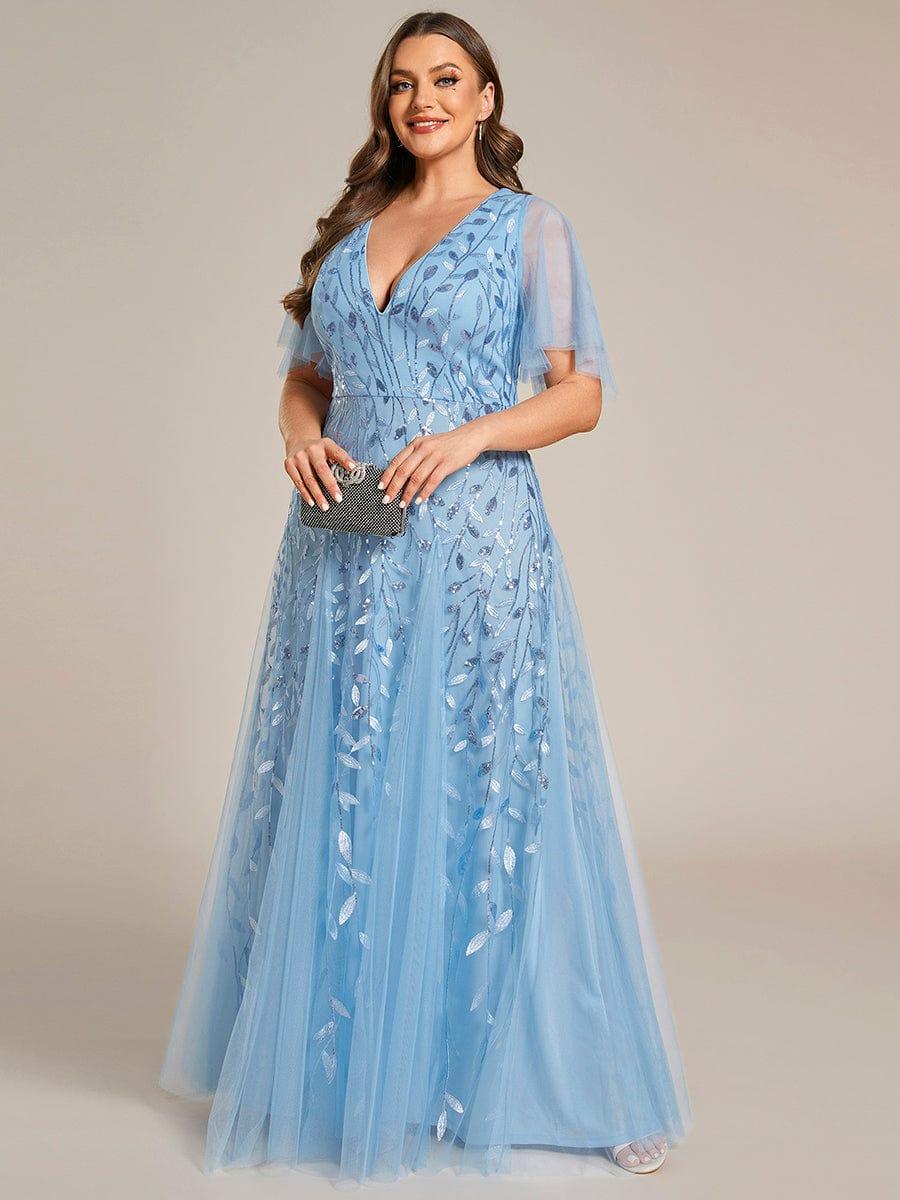 pretty ASTRAL|Plus Size Romantic Shimmery V Neck Ruffle Sleeves Evening Gown - Image 54