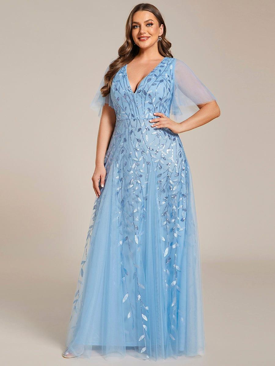pretty ASTRAL|Plus Size Romantic Shimmery V Neck Ruffle Sleeves Evening Gown - Image 55