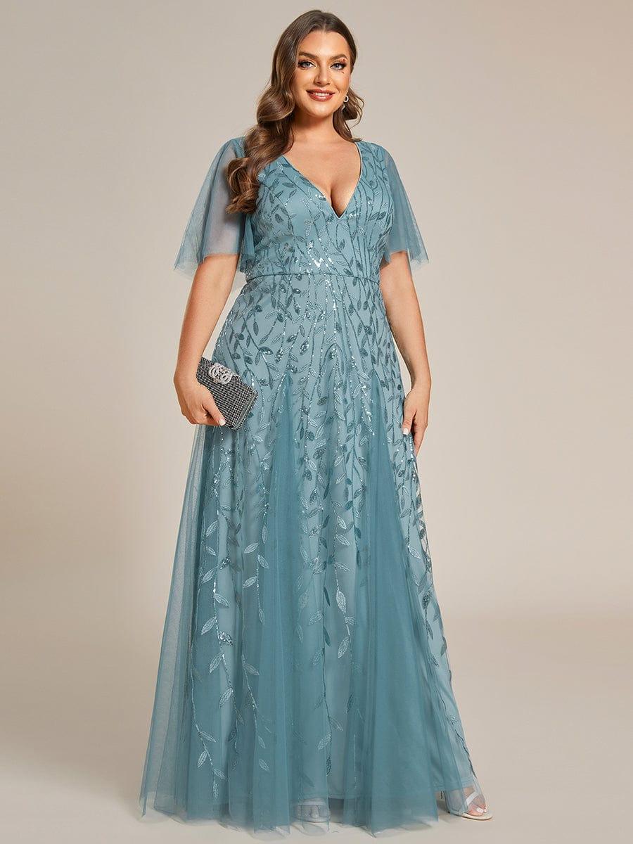 pretty ASTRAL|Plus Size Romantic Shimmery V Neck Ruffle Sleeves Evening Gown - Image 56
