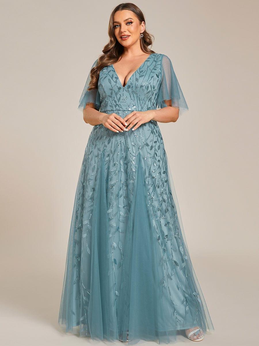 pretty ASTRAL|Plus Size Romantic Shimmery V Neck Ruffle Sleeves Evening Gown - Image 59