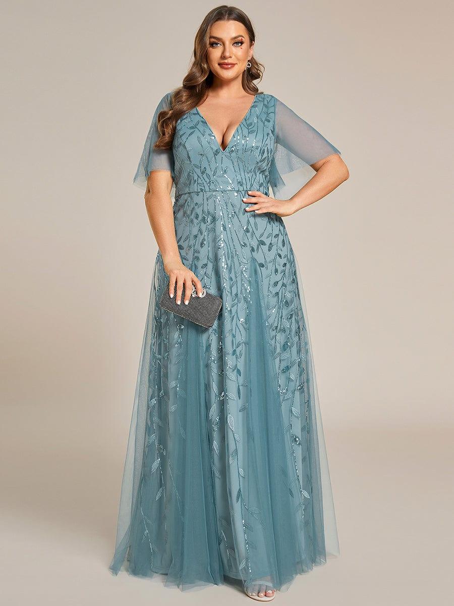 pretty ASTRAL|Plus Size Romantic Shimmery V Neck Ruffle Sleeves Evening Gown - Image 60
