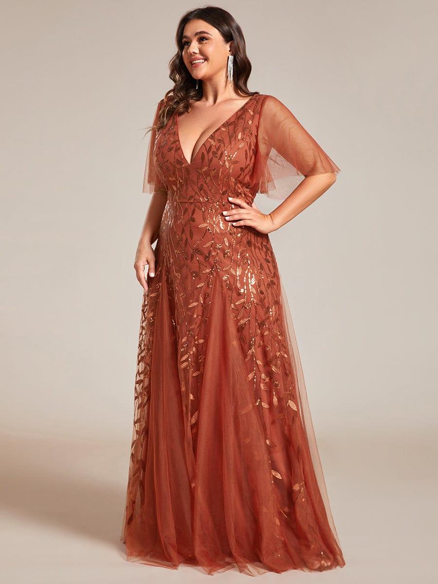 pretty ASTRAL|Plus Size Romantic Shimmery V Neck Ruffle Sleeves Evening Gown - Image 64
