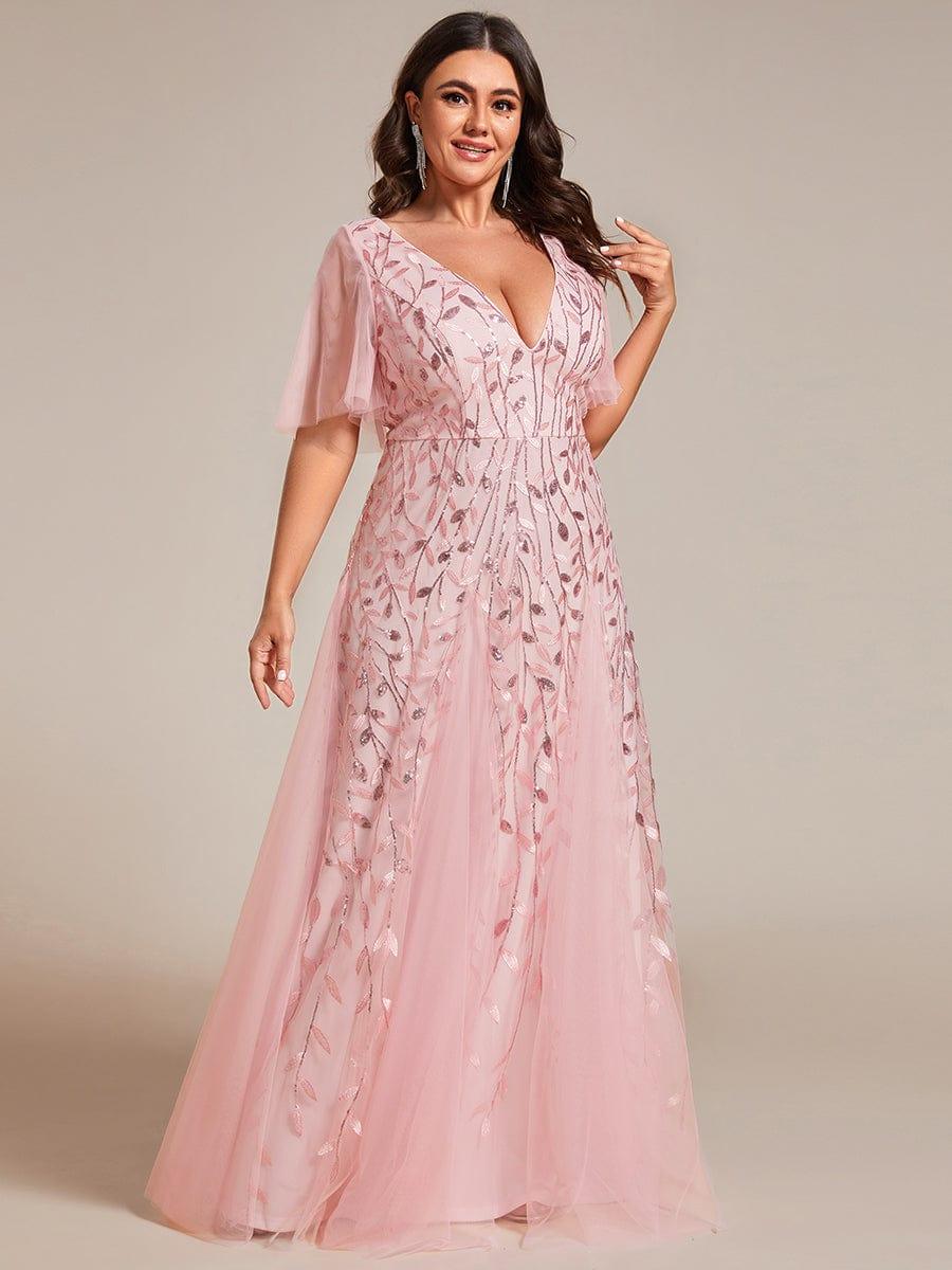 pretty ASTRAL|Plus Size Romantic Shimmery V Neck Ruffle Sleeves Evening Gown - Image 69