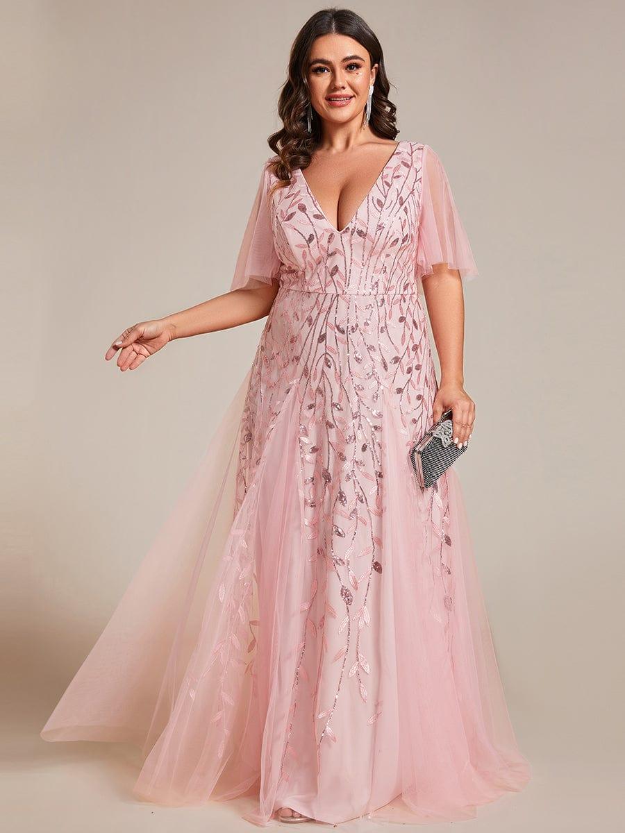 pretty ASTRAL|Plus Size Romantic Shimmery V Neck Ruffle Sleeves Evening Gown - Image 70